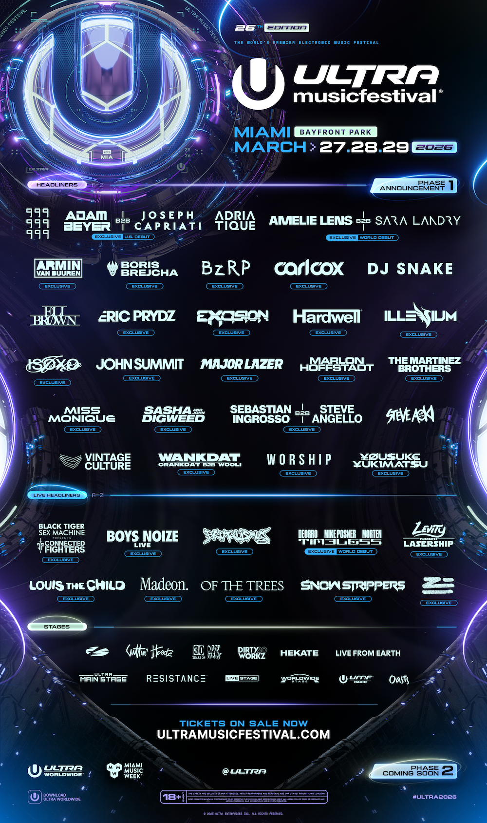 Ultra unveils Phase 1 lineup: Amelie Lens b2b Sara Landry, Sebastian Ingrosso b2b Steve Angello, WORSHIP, DJ Snake & more